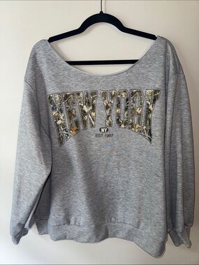 SHEIN Gray 'New York' Floral-Camo Graphic Sweatshirt